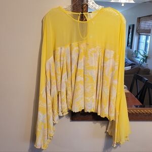 Free People Festival Boho Top Yellow Mesh Pink Blue Floral Long Sleeve Flowy